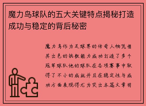 魔力鸟球队的五大关键特点揭秘打造成功与稳定的背后秘密
