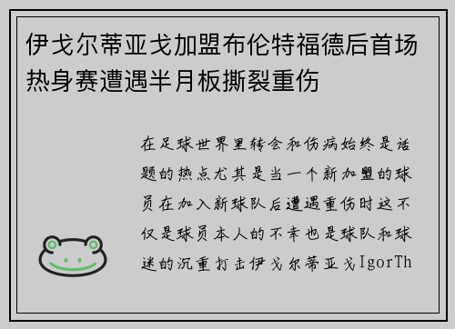 伊戈尔蒂亚戈加盟布伦特福德后首场热身赛遭遇半月板撕裂重伤