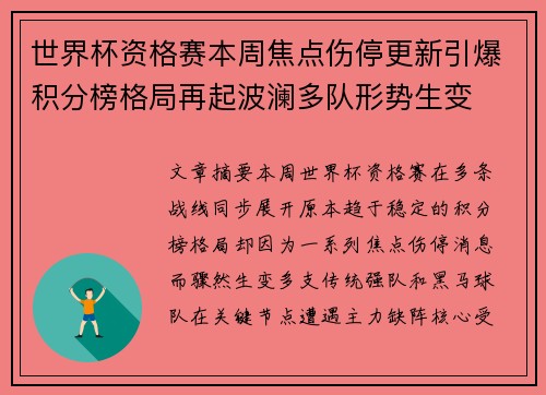 世界杯资格赛本周焦点伤停更新引爆积分榜格局再起波澜多队形势生变 世界杯资格赛本周焦点伤停更新引爆积分榜格局再起波澜多队形势生变